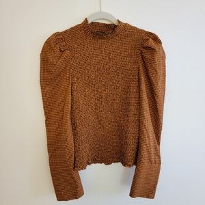 Scotch & Soda mock neck orange and black plaid puff sleeve blouse